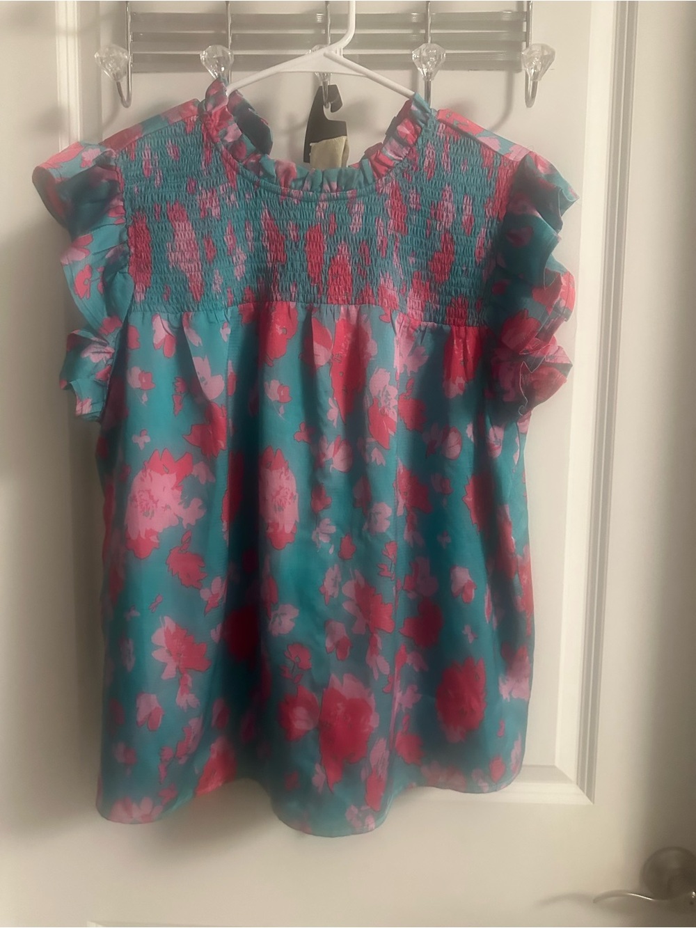 Source Unknown Teal Floral Smocked Ruffle Sleeve Top with Pink Accents